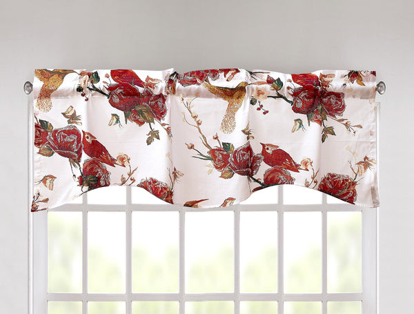 tache home fashion Tache Cotton White Burgundy Sheer Scalloped Window Treatment Hummingbirds Rose Garden Valance (JHW-936)