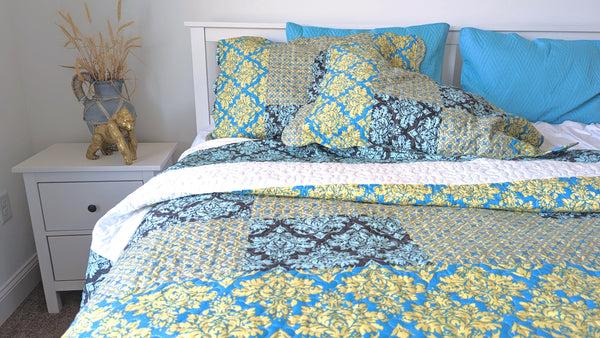 Tache Home Fashion Tache Damask Ornate Baroque Teal Turquoise Blue Green Scalloped Quilt Set (SD-3300)