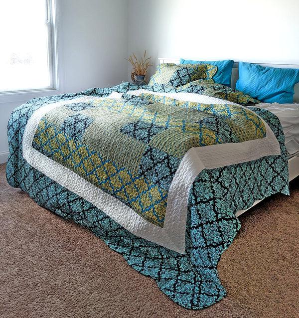 Tache Home Fashion Tache Damask Ornate Baroque Teal Turquoise Blue Green Scalloped Quilt Set (SD-3300)
