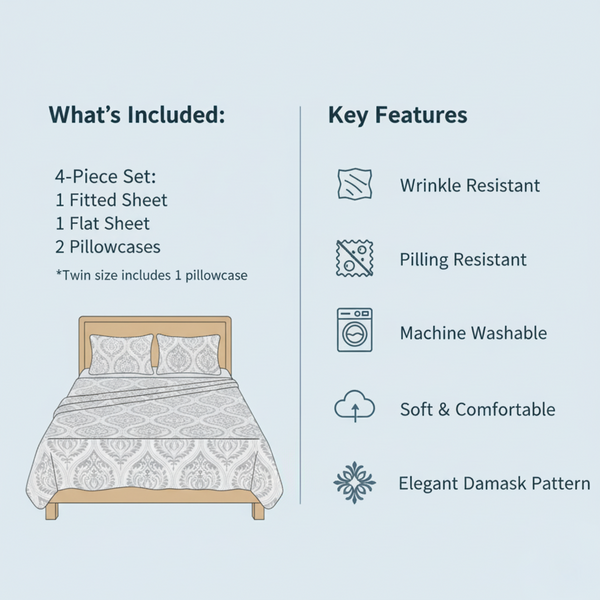 Tache Home Fashion Tache Dreamy Moon Sky Ogee Damask Heather Gray White Bed Sheet Set (TB300)