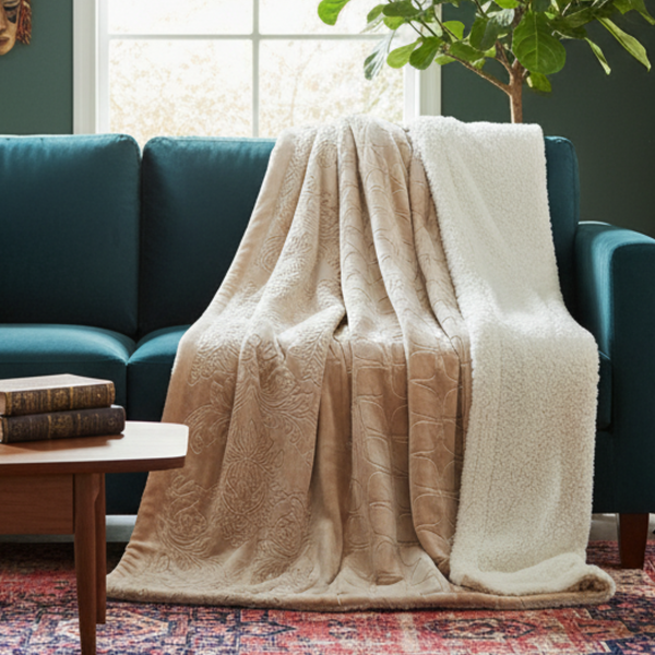 tache home fashion Tache Embossed Bubbly Champagne Beige Sherpa Throw Blanket (TA62088)