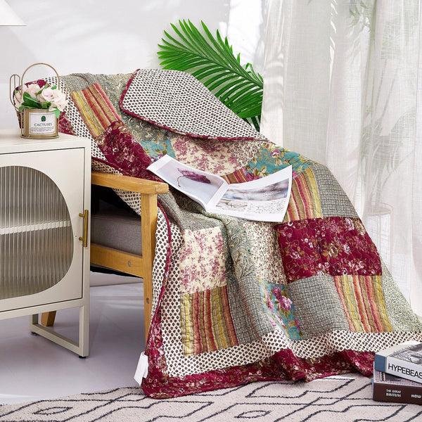 Tache Home Fashion Tache Fairy Tale Tea Party Beige Burgundy Paisley Floral Cotton Patchwork Quilted Throw Blanket (DXJ103443)