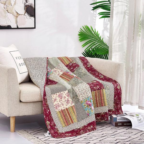 Tache Home Fashion Tache Fairy Tale Tea Party Beige Burgundy Paisley Floral Cotton Patchwork Quilted Throw Blanket (DXJ103443)