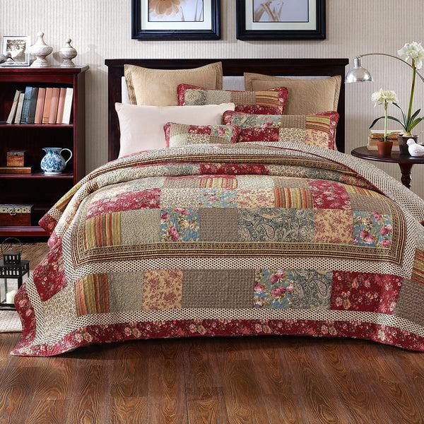 tache home fashion Tache Fairy Tale Tea Party Beige Burgundy Paisley Floral Cotton Patchwork Quilt Set (DXJ103443)