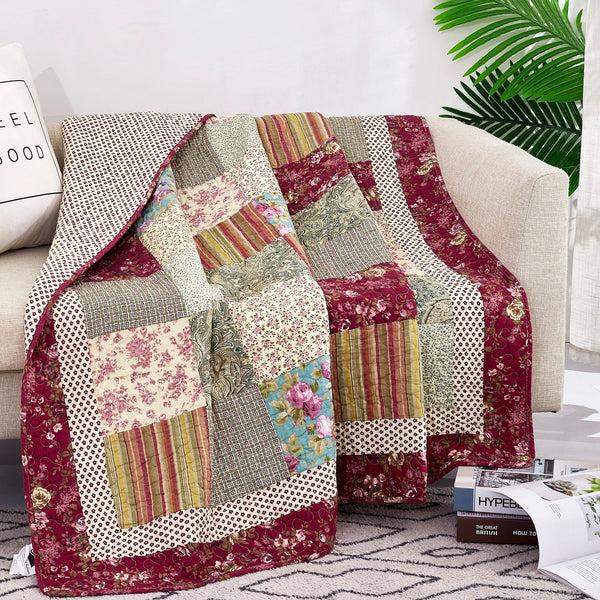 tache home fashion Tache Fairy Tale Tea Party Beige Burgundy Paisley Floral Cotton Patchwork Quilted Throw Blanket (DXJ103443)