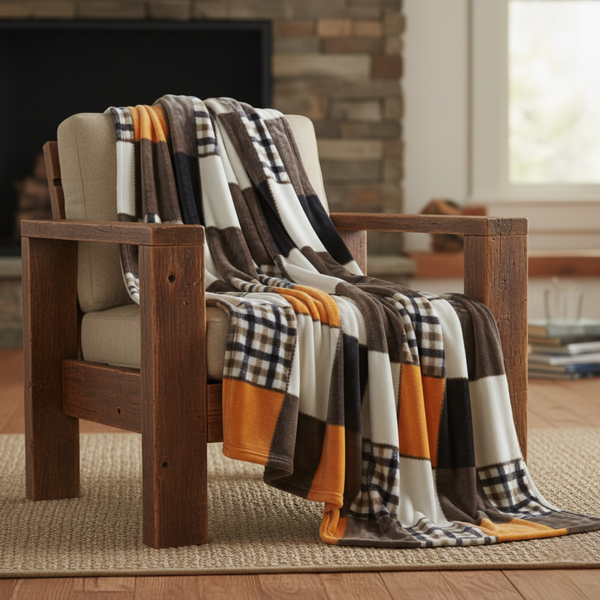 Tache Home Fashion Tache Fall Orange Farmhouse Super Soft Micro Fleece Plaid Patchwork Plush Lightweight Bed Throw Blanket (4021)
