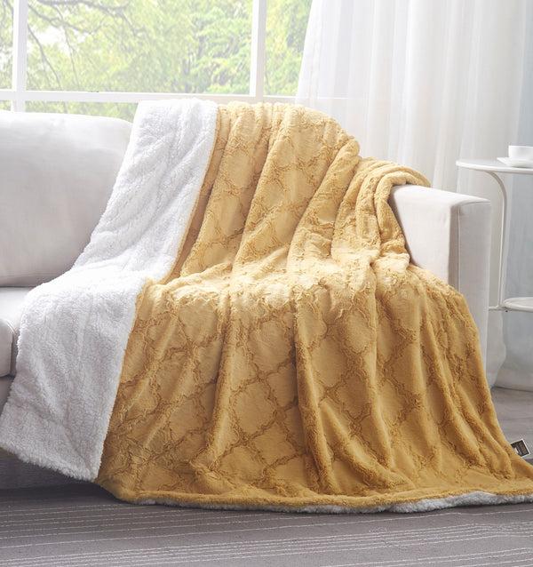 Tache Home Fashion Tache Faux Fur Mustard Yellow Moroccan Lattice Pattern Throw Blanket (3397)