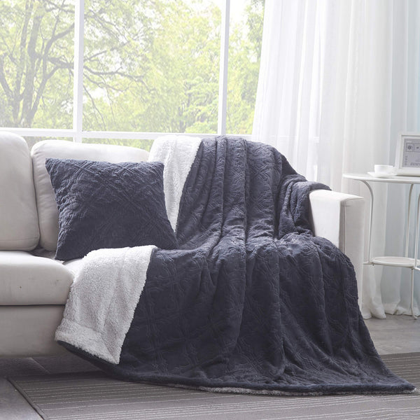 Tache Home Fashion Tache Faux Fur Steel Navy Blue Diamond Trellis Pattern Throw Blanket (3390)