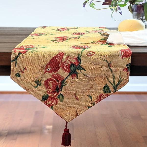 Tache Home Fashion Tache Floral Red Roses Hummingbirds Golden Woven Tapestry Table Runner (18115)