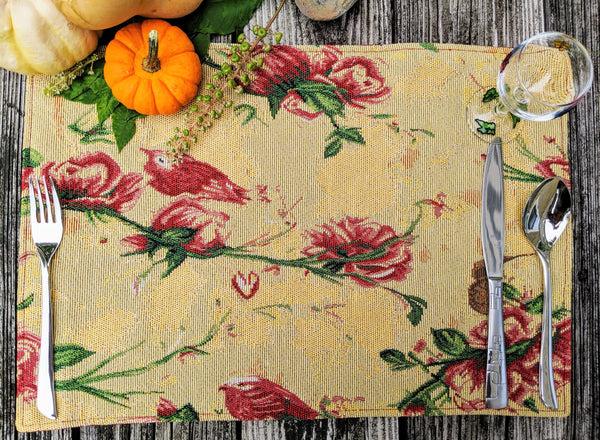 Tache Home Fashion Tache Floral Red Roses Hummingbirds Golden Woven Tapestry Placemat Set (18115)