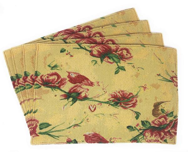 Tache Home Fashion Tache Floral Red Roses Hummingbirds Golden Woven Tapestry Placemat Set (18115)