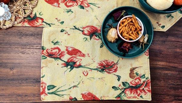 tache home fashion Tache Floral Red Roses Hummingbirds Golden Woven Tapestry Placemat Set (18115)