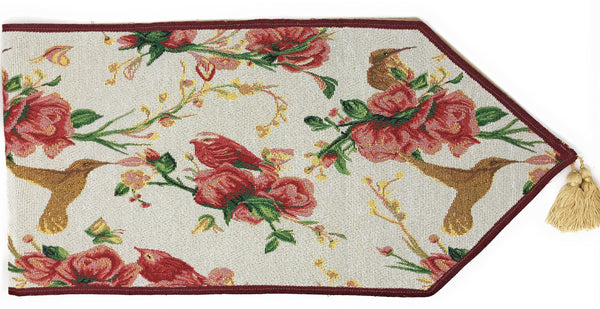 Tache Home Fashion Tache Floral Red Roses Hummingbirds Ivory Woven Tapestry Table Runner (18109)