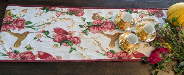 Tache Home Fashion Tache Floral Red Roses Hummingbirds Ivory Woven Tapestry Table Runner (18109)