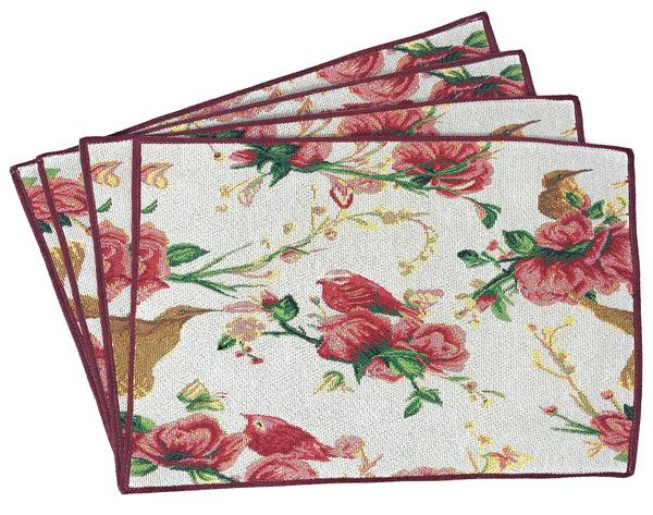 Tache Home Fashion Tache Floral Red Roses Hummingbirds Woven Tapestry Placemat Set (18109)