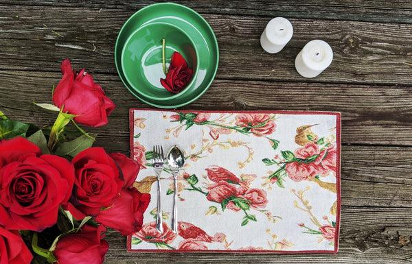 Tache Home Fashion Tache Floral Red Roses Hummingbirds Woven Tapestry Placemat Set (18109)