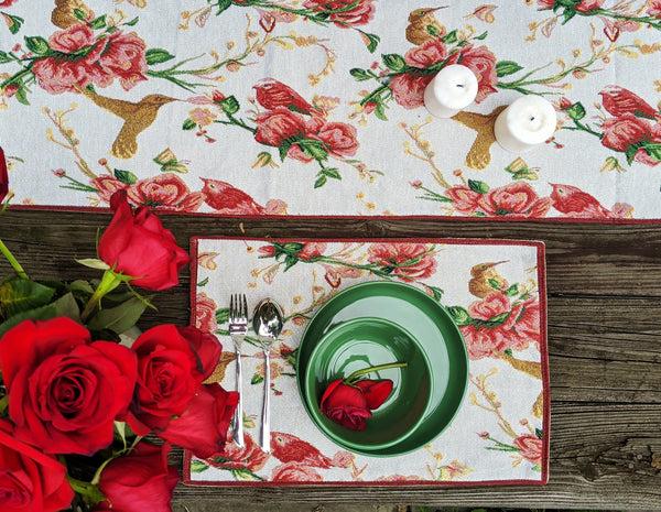 Tache Home Fashion Tache Floral Red Roses Hummingbirds Woven Tapestry Placemat Set (18109)