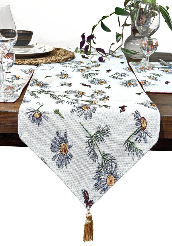 Tache Home Fashion Tache Floral Yellow Daisies Ladybugs Ivory Woven Tapestry Table Runner (18114)