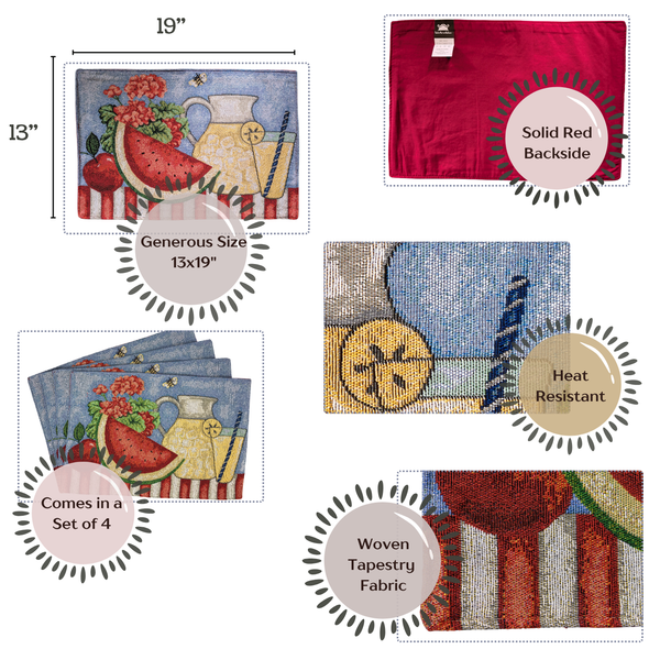 Tache Home Fashion Tache Fruity Drinks Watermelon Lemonade Woven Tapestry Placemat Set (13082PM)