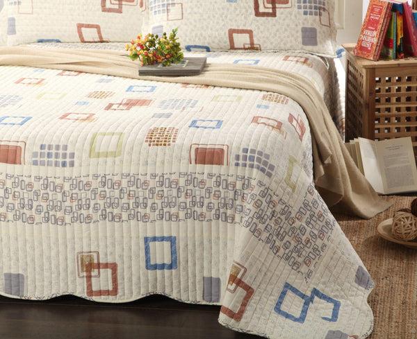 Tache Home Fashion Tache Geometric Cubic Squares Ivory Scalloped Retro Cotton Quilt Bedspread Set (DSW009)