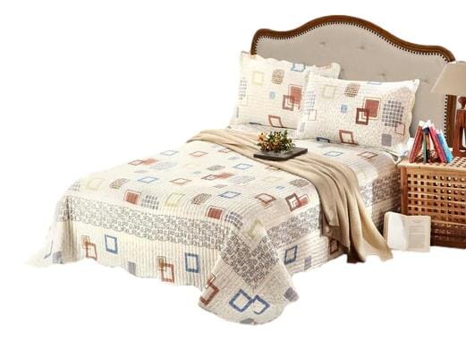 tache home fashion Tache Geometric Cubic Squares Ivory Scalloped Retro Cotton Quilt Bedspread Set (DSW009)