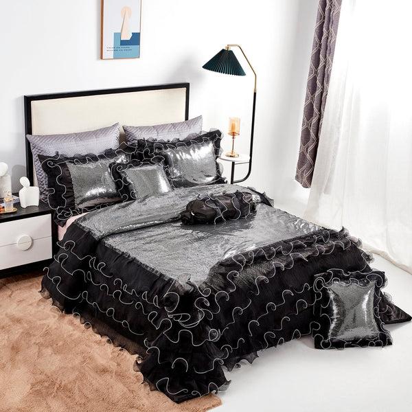Tache Home Fashion Tache Luxurious Glam Night Out Silver Sequin Black Organza Ruffle 6pc Comforter Set (1622)