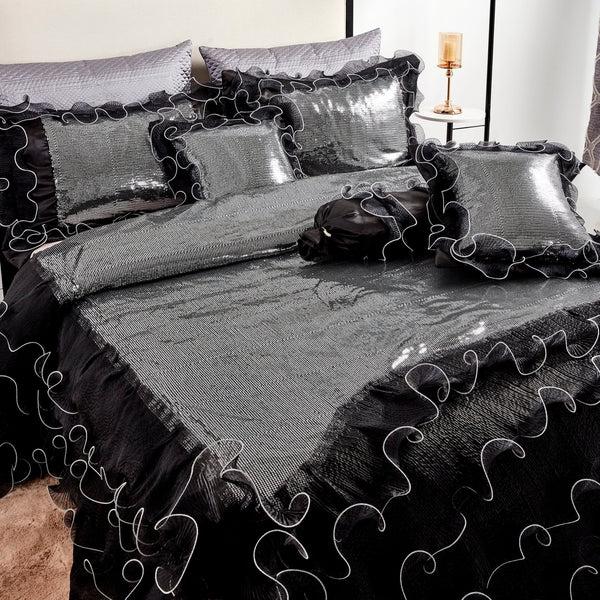 Tache Home Fashion Tache Luxurious Glam Night Out Silver Sequin Black Organza Ruffle 6pc Comforter Set (1622)