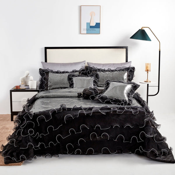 tache home fashion Tache Luxurious Glam Night Out Silver Sequin Black Organza Ruffle 6pc Comforter Set (1622)