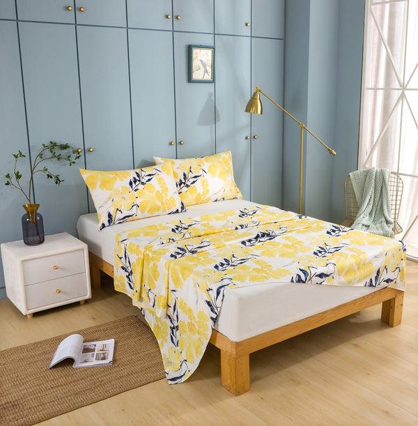 Tache Home Fashion Tache Microfiber Watercolor Tropical Floral Yellow Blue Fitted Sheet Flat Sheet (JHW-841)