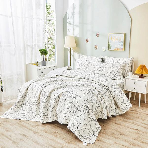 Tache Home Fashion Tache Modern Abstract Leaf Line Art Foliage White Grey Black Gold Reversible Quilt Set (TJ357)