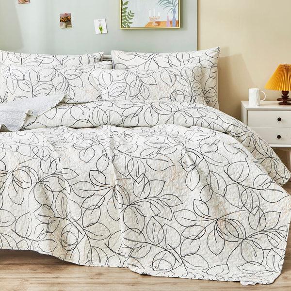 Tache Home Fashion Tache Modern Abstract Leaf Line Art Foliage White Grey Black Gold Reversible Quilt Set (TJ357)