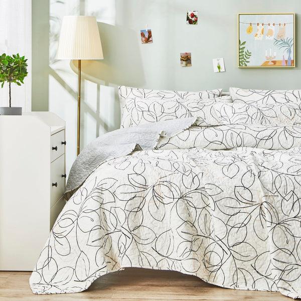 Tache Home Fashion Tache Modern Abstract Leaf Line Art Foliage White Grey Black Gold Reversible Quilt Set (TJ357)