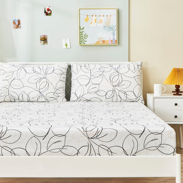 Tache Home Fashion Tache Modern Abstract Leaf Line Art Foliage White Grey Black Gold Fitted Sheet Flat Sheet (TJ3571)