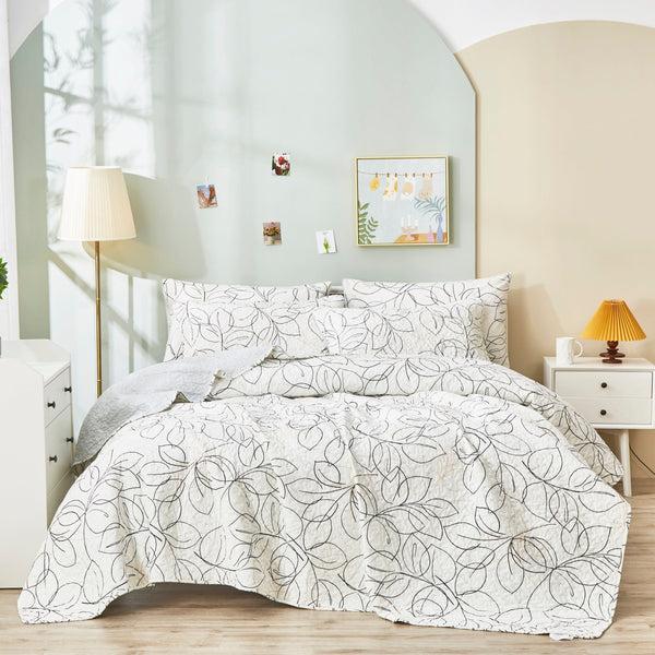 tache home fashion Tache Modern Abstract Leaf Line Art Foliage White Grey Black Gold Reversible Quilt Set (TJ357)