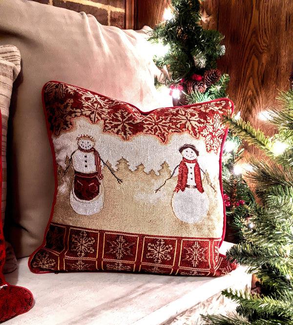 Tache Home Fashion Tache Mr. & Mrs. Snowman Couple Woven Tapestry Throw Pillow Cover (10323CC)