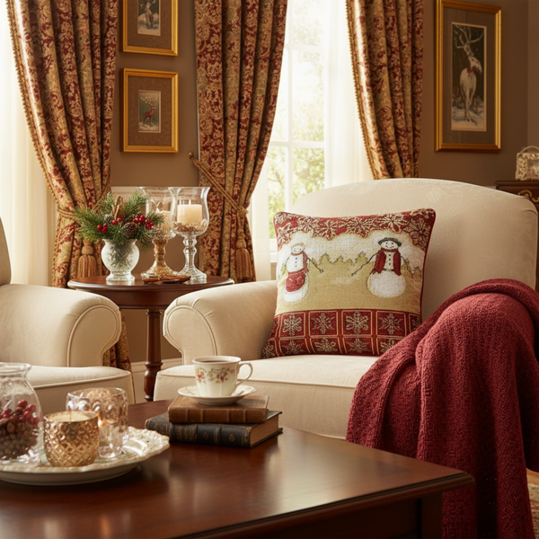 Tache Home Fashion Tache Mr. & Mrs. Snowman Couple Woven Tapestry Throw Pillow Cover (10323CC)