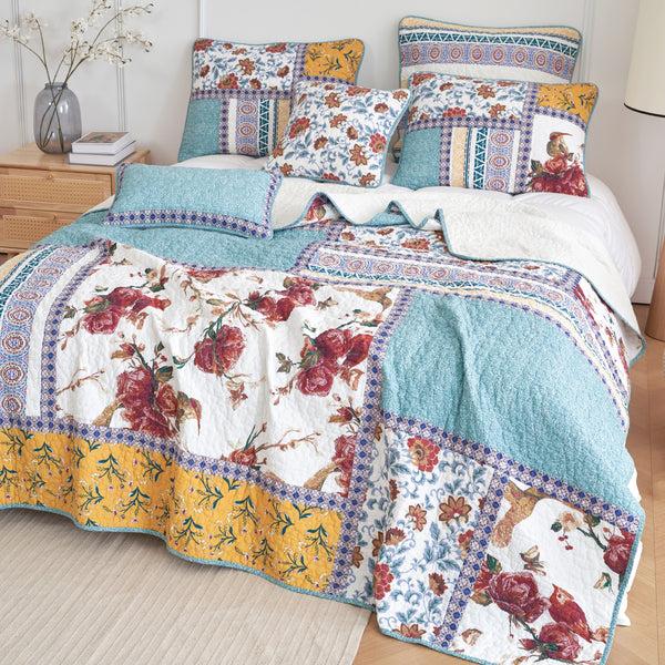 Tache Home Fashion Tache Old World Garden Pastel Blue Yellow Red Hummingbirds Cotton Patchwork Quilt Set (JHW-936)