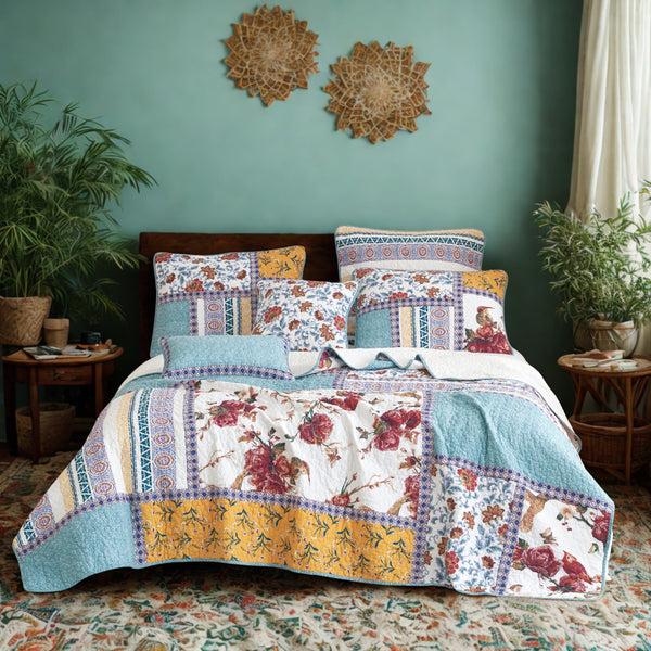 tache home fashion Tache Old World Garden Pastel Blue Yellow Red Hummingbirds Cotton Patchwork Quilt Set (JHW-936)