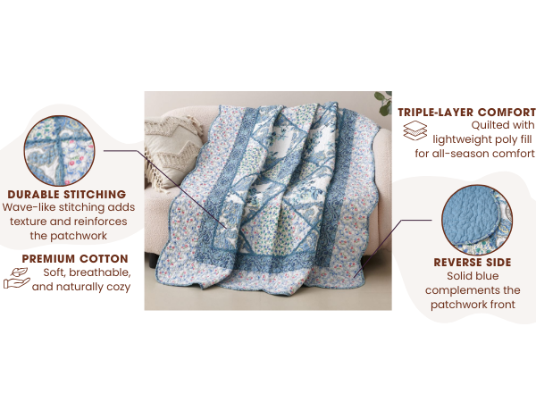 Tache Home Fashion Tache Petal Dance White Blue Floral Vintage Garden Scalloped Cotton Patchwork Quilted Throw Blanket (JHW-646)