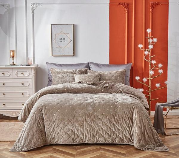 tache home fashion Tache Plush Dreams Sand Taupe Beige Tufted Velvet Quilt Set (JHW-853B)