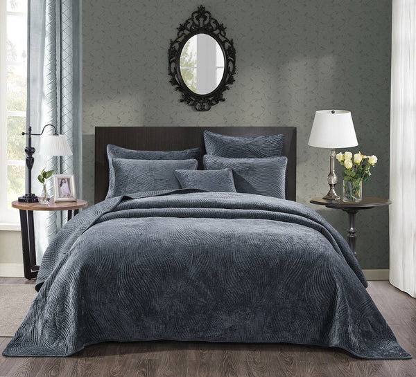 tache home fashion Tache Plush Dreams Steel Navy Blue Waves Velvet Quilt Set (JHW-852BL)