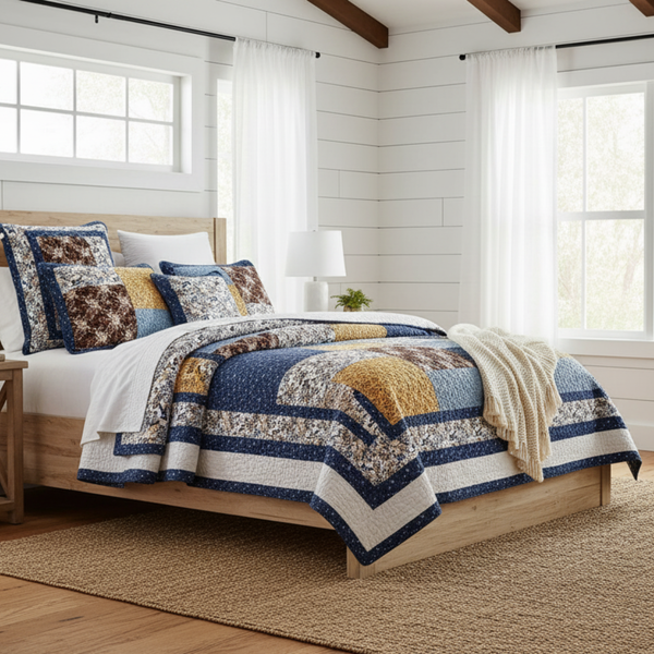 Tache Home Fashion Tache Prairie Sunset White Blue Yellow Brown Floral Cotton Patchwork Quilt Set (JHW-887)