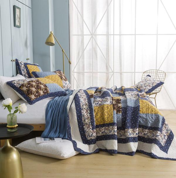 Tache Home Fashion Tache Prairie Sunset White Blue Yellow Brown Floral Cotton Patchwork Quilt Set (JHW-887)