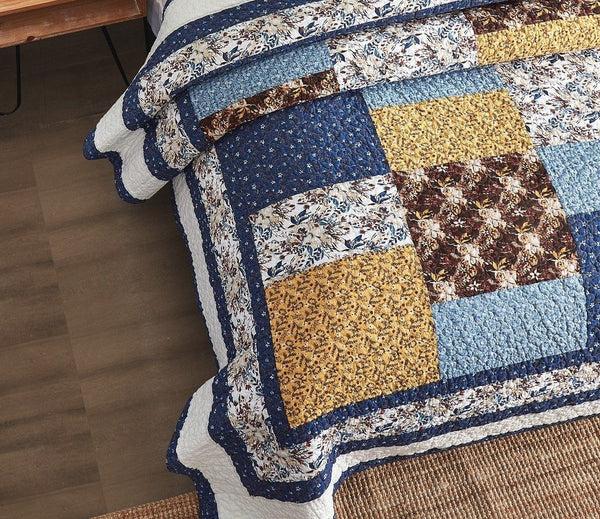 Tache Home Fashion Tache Prairie Sunset White Blue Yellow Brown Floral Cotton Patchwork Quilt Set (JHW-887)