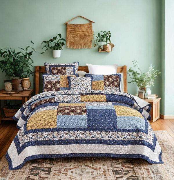 tache home fashion Tache Prairie Sunset White Blue Yellow Brown Floral Cotton Patchwork Quilt Set (JHW-887)