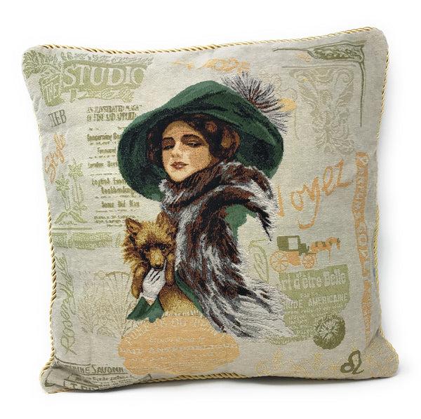 tache home fashion Tache Puppy Day Out French European Postcard Emerald Green Beige Tapestry Throw Pillow Cover (CC-1354)