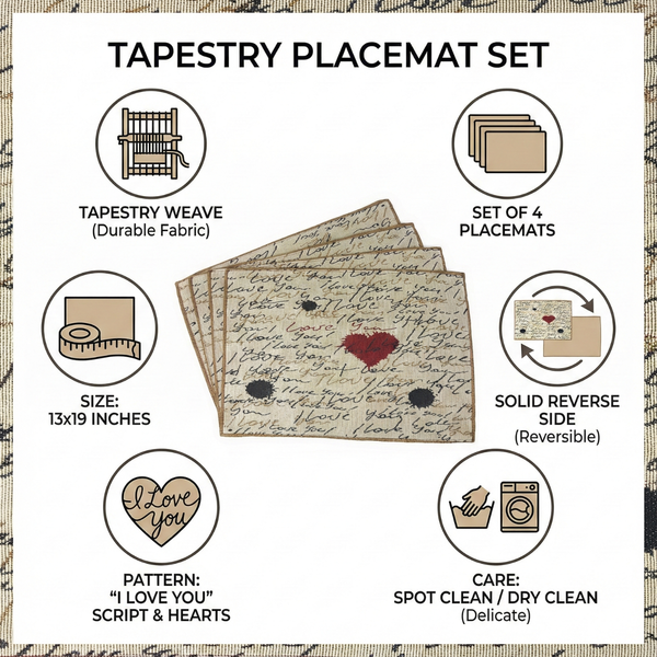 Tache Home Fashion Tache Romantic Valentine’s Love Letter Beige Woven Tapestry Placemat Set (18111)