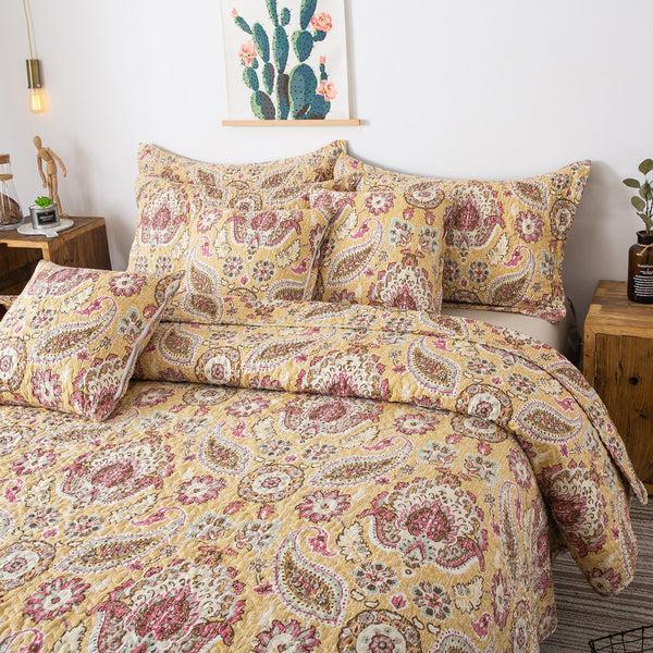 Tache Home Fashion Tache Royal Medallion Floral Paisley Damask Yellow Pink Boho Chic Quilt Set (SD5357)