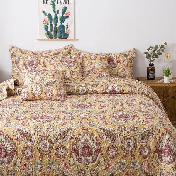 Tache Home Fashion Tache Royal Medallion Floral Paisley Damask Yellow Pink Boho Chic Quilt Set (SD5357)