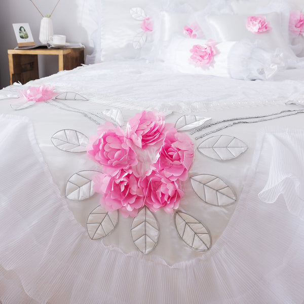 Tache Home Fashion Tache Ruffle Floral Lace Satin White Pink Luxury Delicate Rose Comforter Set (MA125)